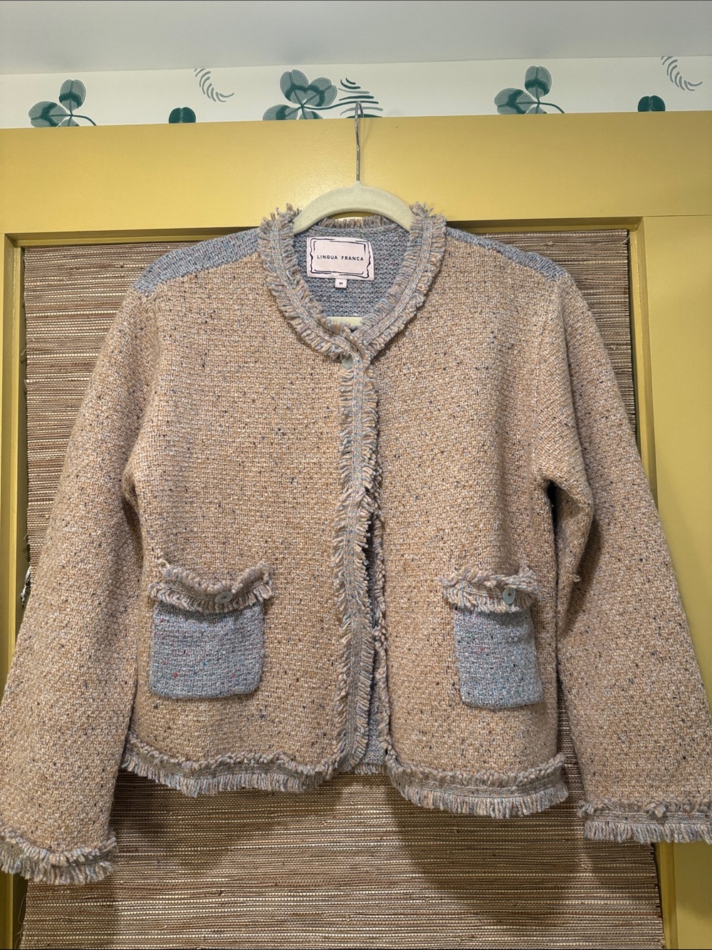 Lingua Franca Beige Tweed Fringe Jacket
